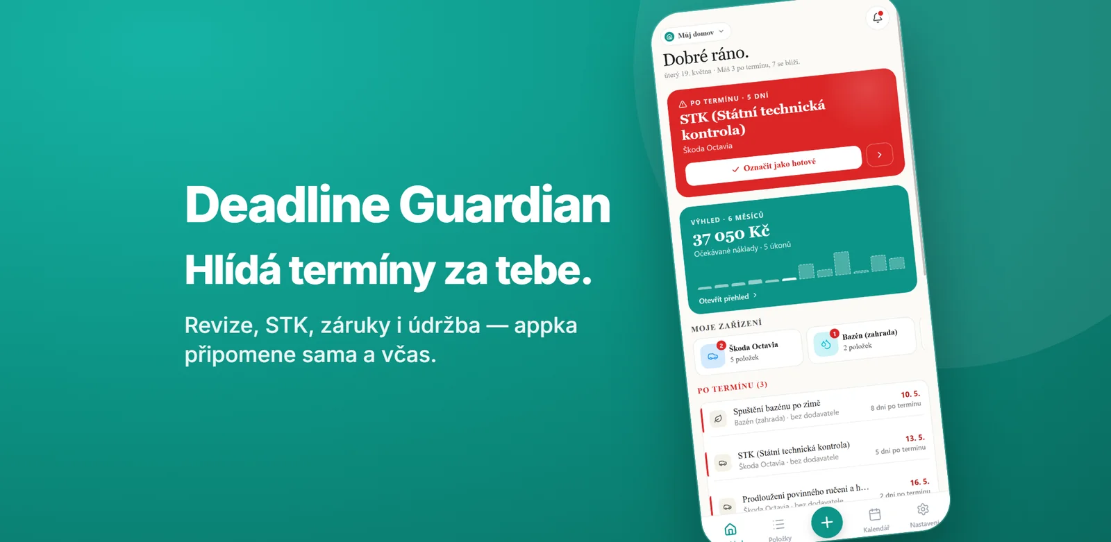 Deadline Guardian: aplikace, která hlídá revize, STK, záruky i údržbu