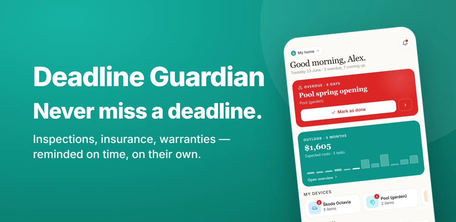 Deadline Guardian: the app that keeps track of inspections, vehicle inspections, warranties and maintenance